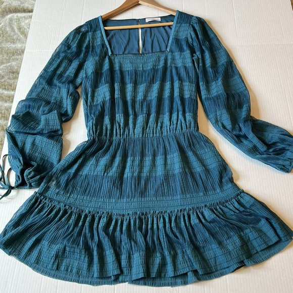 RAMY BROOK Sz S-MBlue Long Puff Sleeve Short Dress Square Neck Lined💖